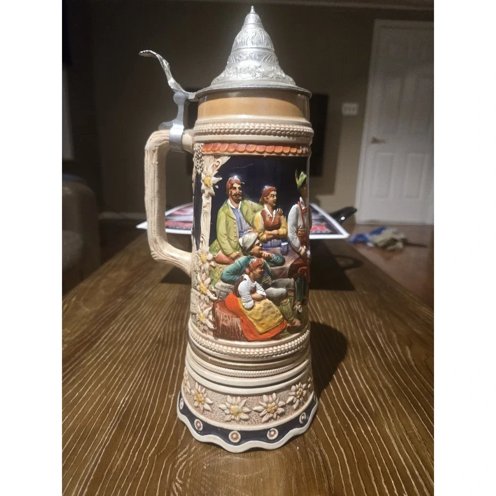Vintage GERZ W Germany Musical Beer Stein Pewter Lid Tyrolean Dancers 13.5